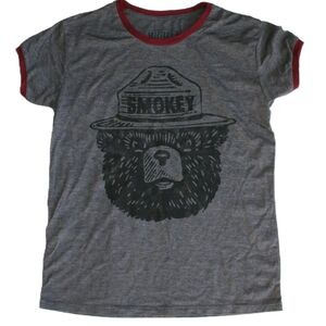 NWT Womens Mighty Fine Gray Burgandy Smokey Bear SOFT Ringer Graphic Tee Shirt
